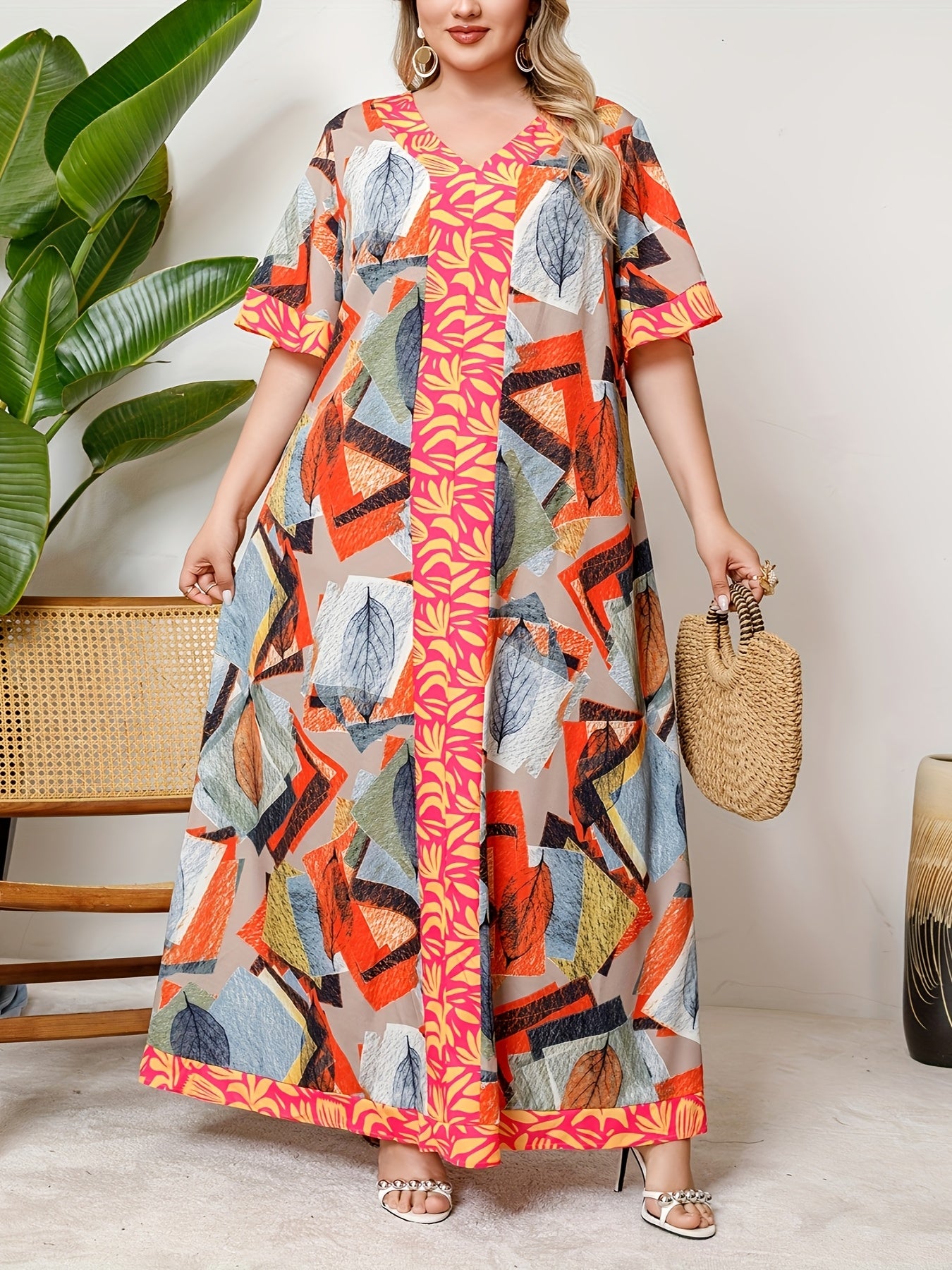 Plus Size Women's V-Neck Dress with Contrast Stitching and Middle East Style