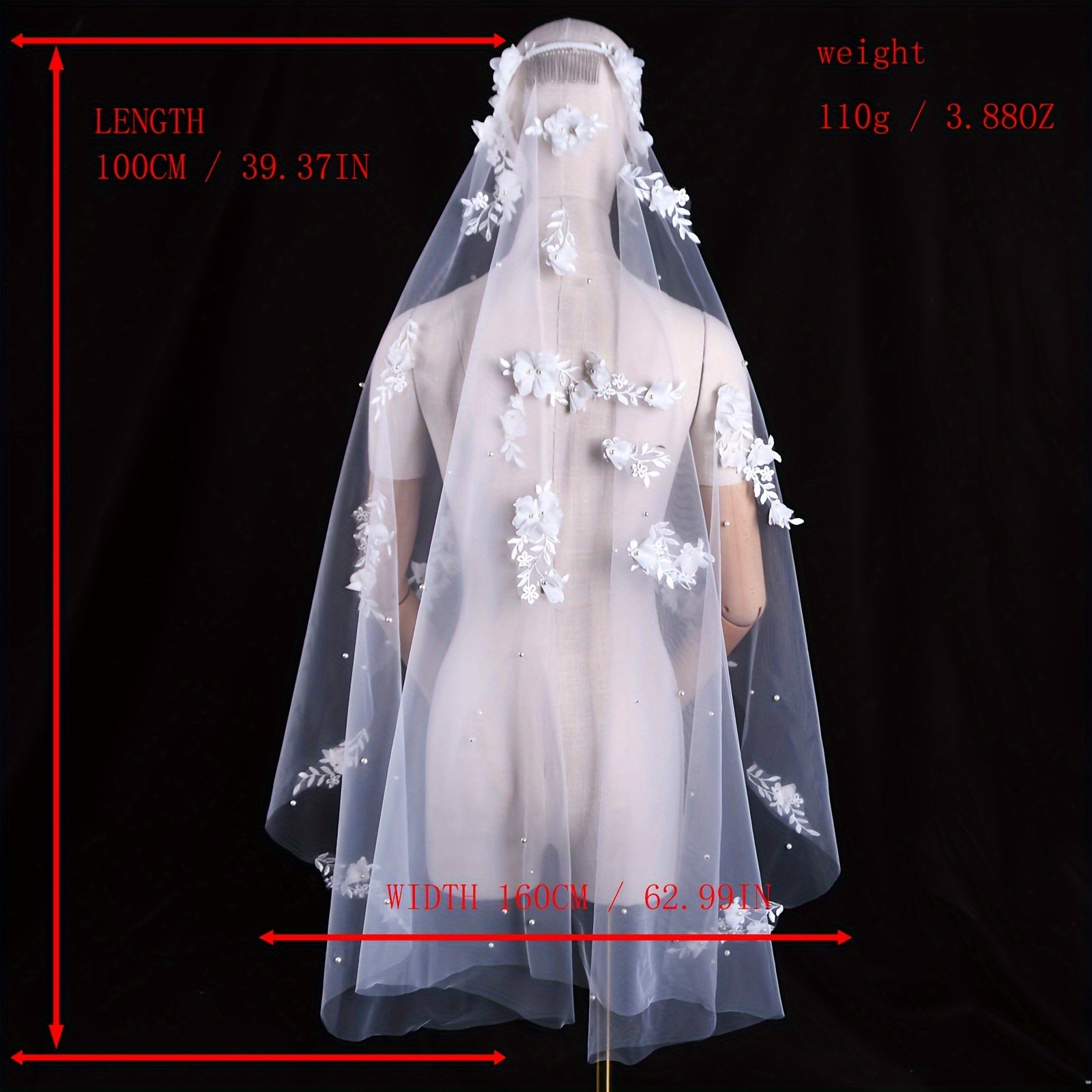 Glamorous Wedding Veil with Handmade Flowers and Pearls 100cm Bridal Accessory