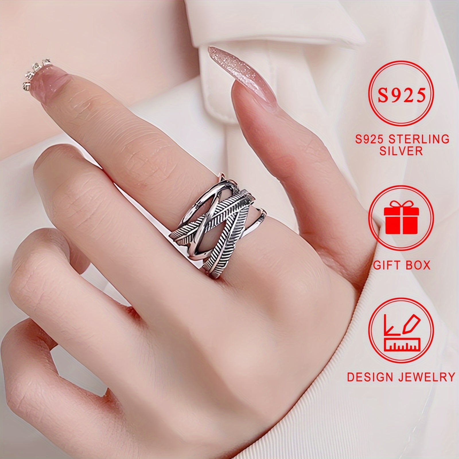 925 Silver Feather Ring Infinity Cross Band Hip Hop Style Jewelry Gift for Daily Wear