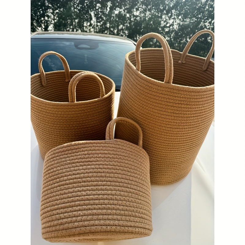 Round Rustic Cotton Rope Laundry Basket with Handles Foldable Storage for Clothes and Toys