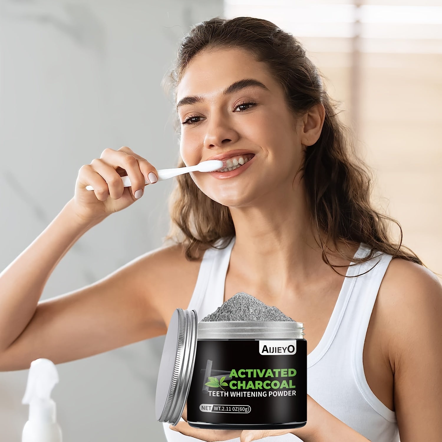 Charcoal Teeth Whitening Powder with Mint Flavor Brightens Smile Freshens Breath Natural Gums
