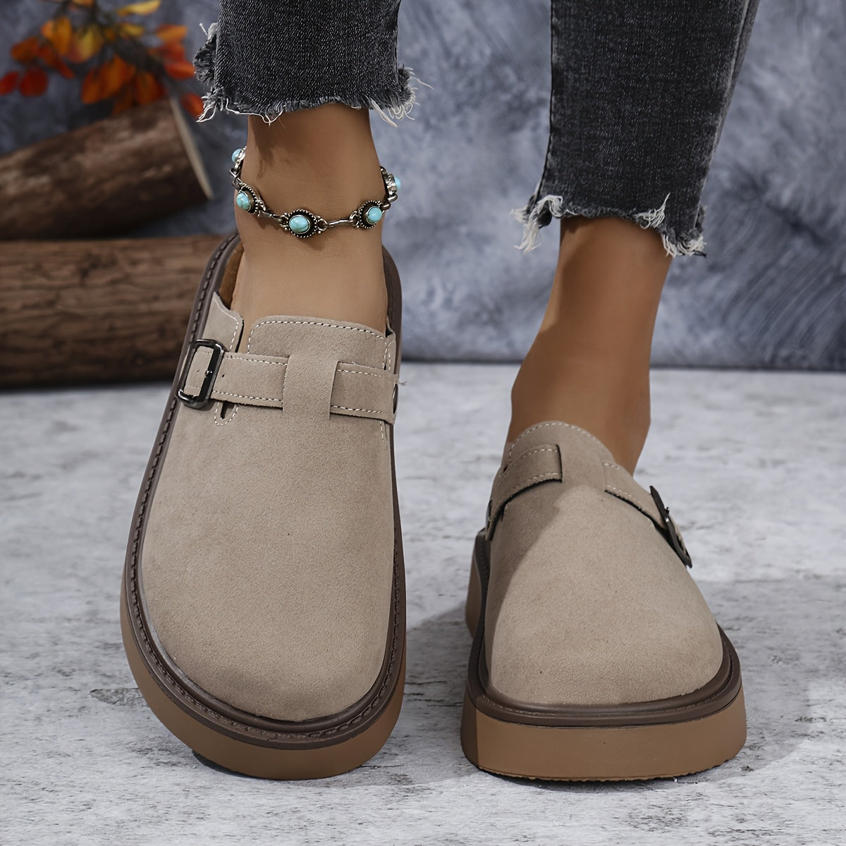 Women's Casual Buckle Loafers All-Season PU Upper Rubber Sole Flannel Insole