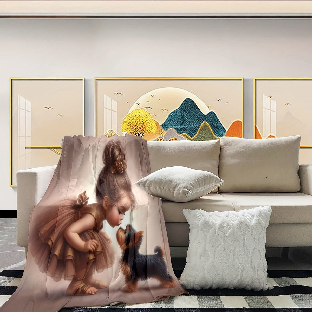 Soft Flannel Throw Blanket with Girl and Puppy Design Cozy Versatile for Couch Bed Office Travel