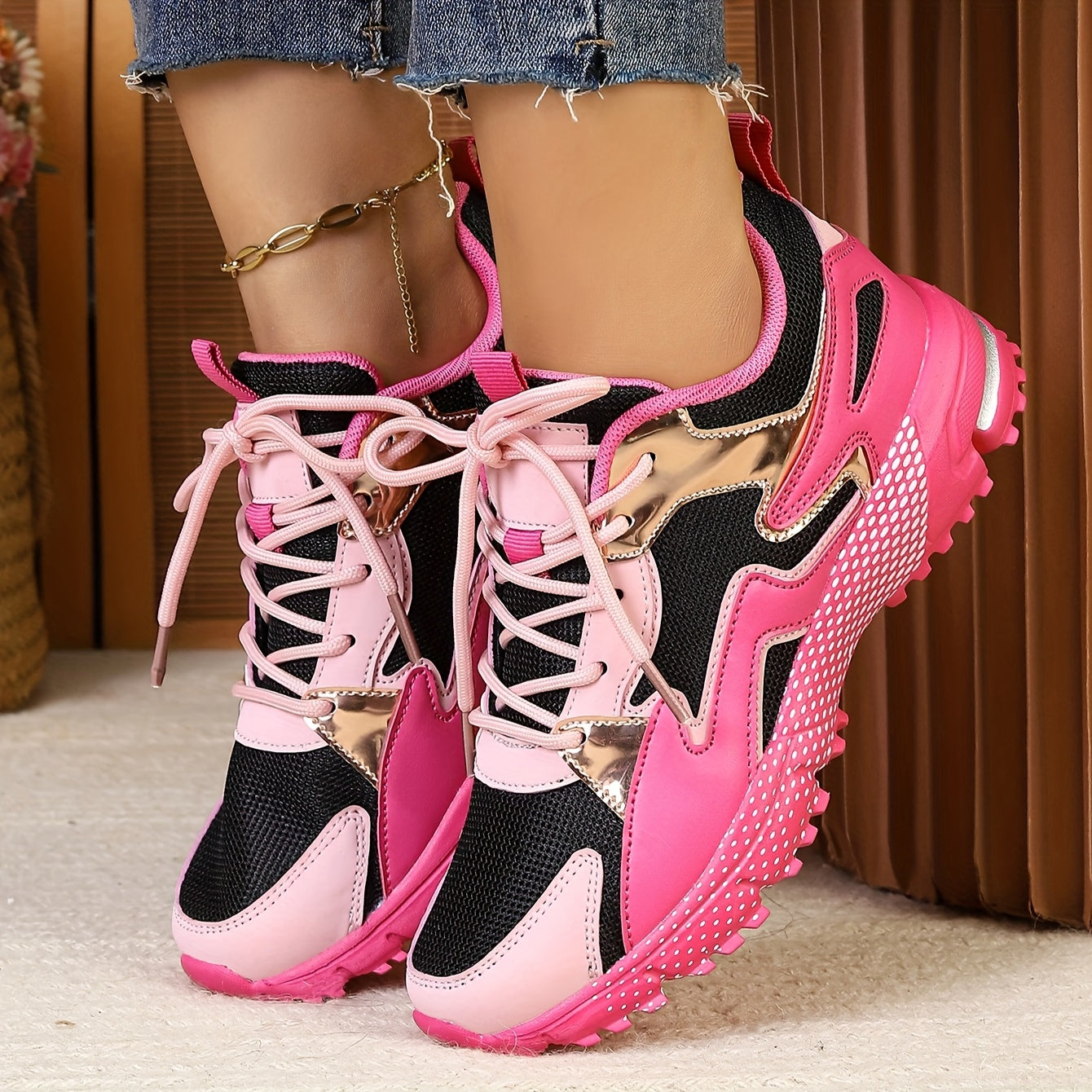 Women's Geometric Pattern Casual Sneakers Sequin Accents Pink Black Low-Top Shoes