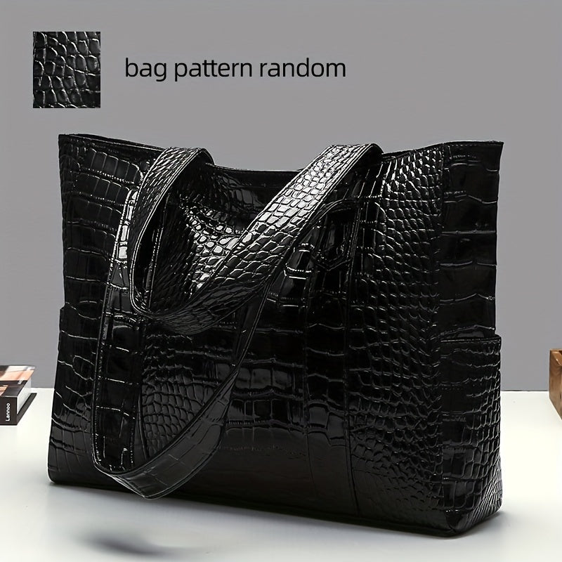 Blue Crocodile-Embossed PU Tote Bag with Zipper Closure for Women