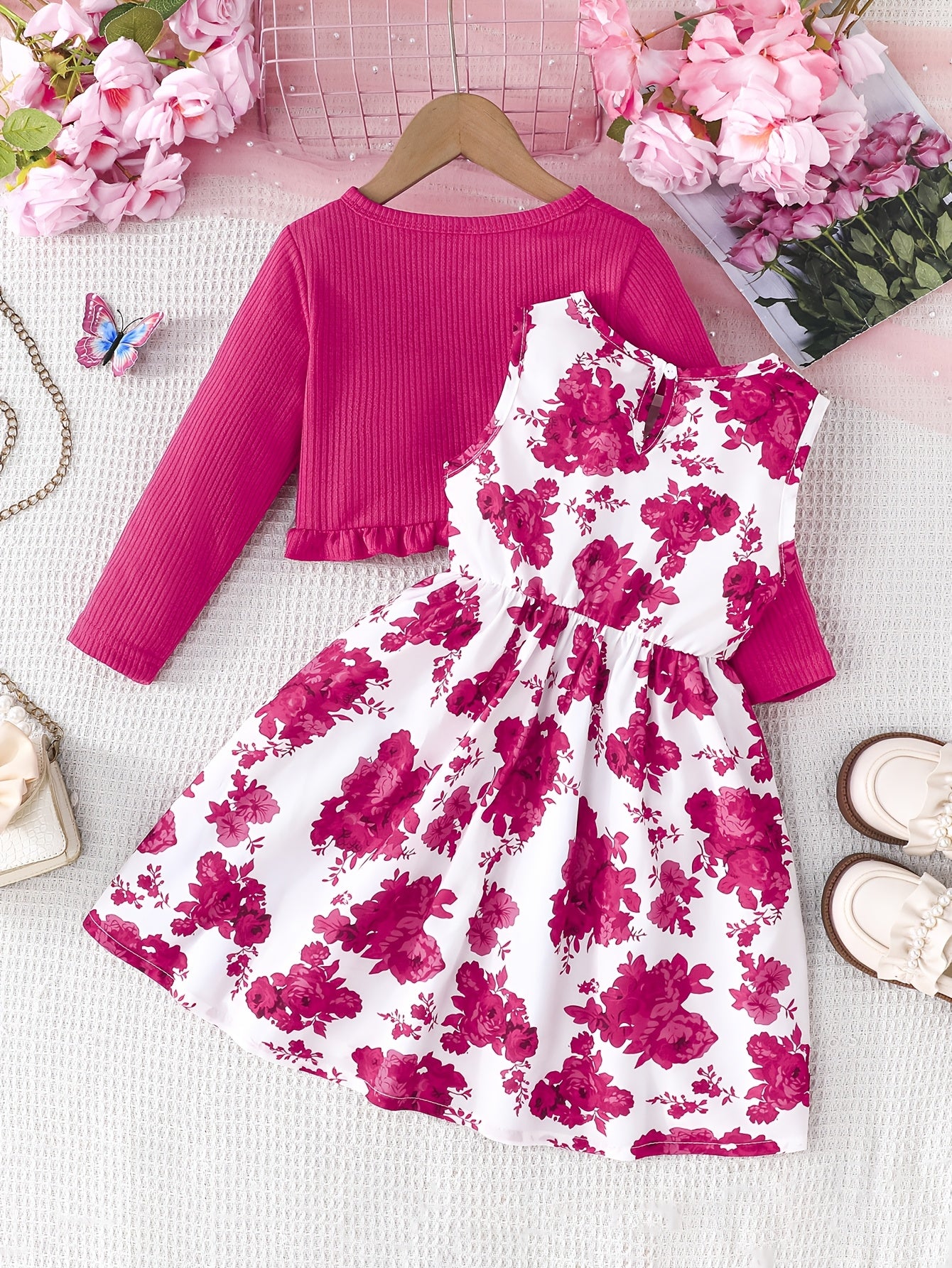 Детский летний комплект из 2 предметов: платье без рукавов с цветочным принтом и кардиган из полиэстера для весны и осени, повседневный стиль