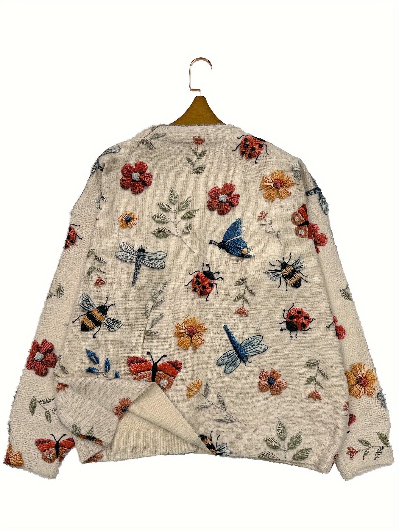 Ayollar uchun katta o'lchamli gullü va hasharotli bosma cardigan bej V-shakli bo'yinli uzun qo'lqopli pullover