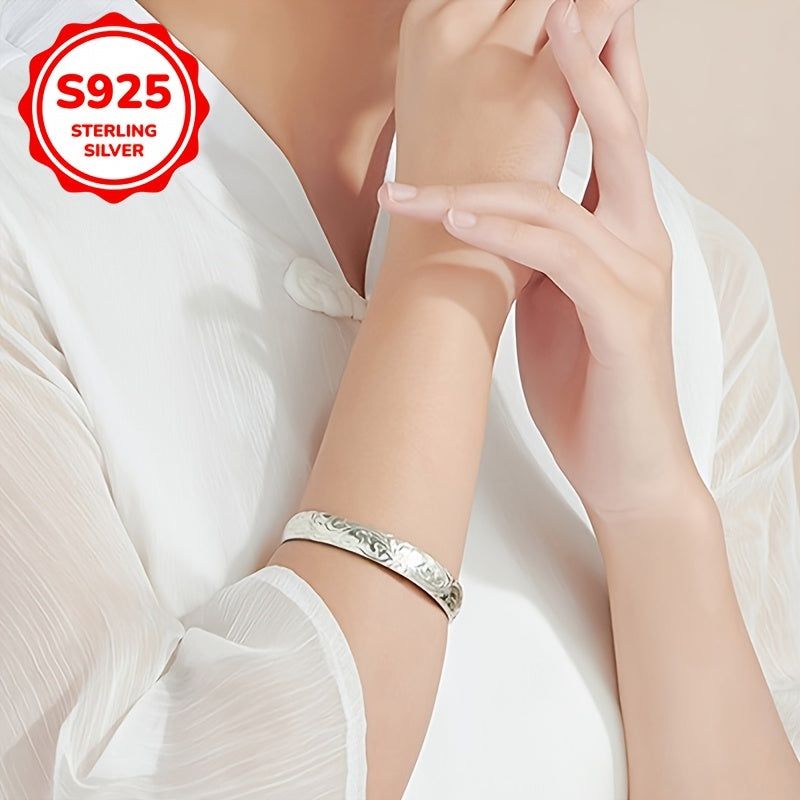 925 Sterling Silver Bangle, zamonaviy retro gullar dizayni bilan ochiq uslubda.