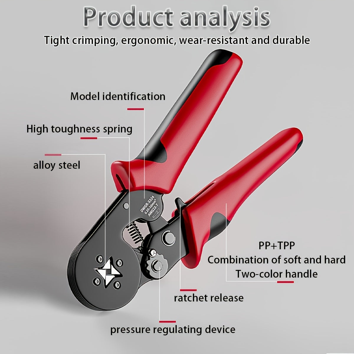 Elektr mutaxassisi uchun ko'p funksiyali qirqish pliers, 0.25-10mm² oralig'ida moslashuvchan ratchet terminal ulanishi, aylanish ta'miri va texnik xizmat ko'rsatish uchun ideal, Evropa uslubidagi dizayn.