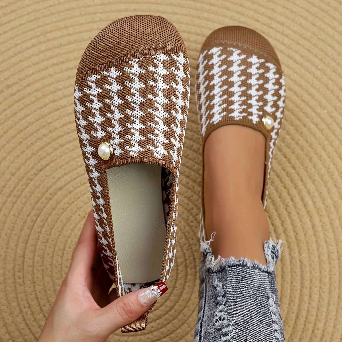 Women's Houndstooth Slip-On Flats Breathable Fabric All-Season Shoes