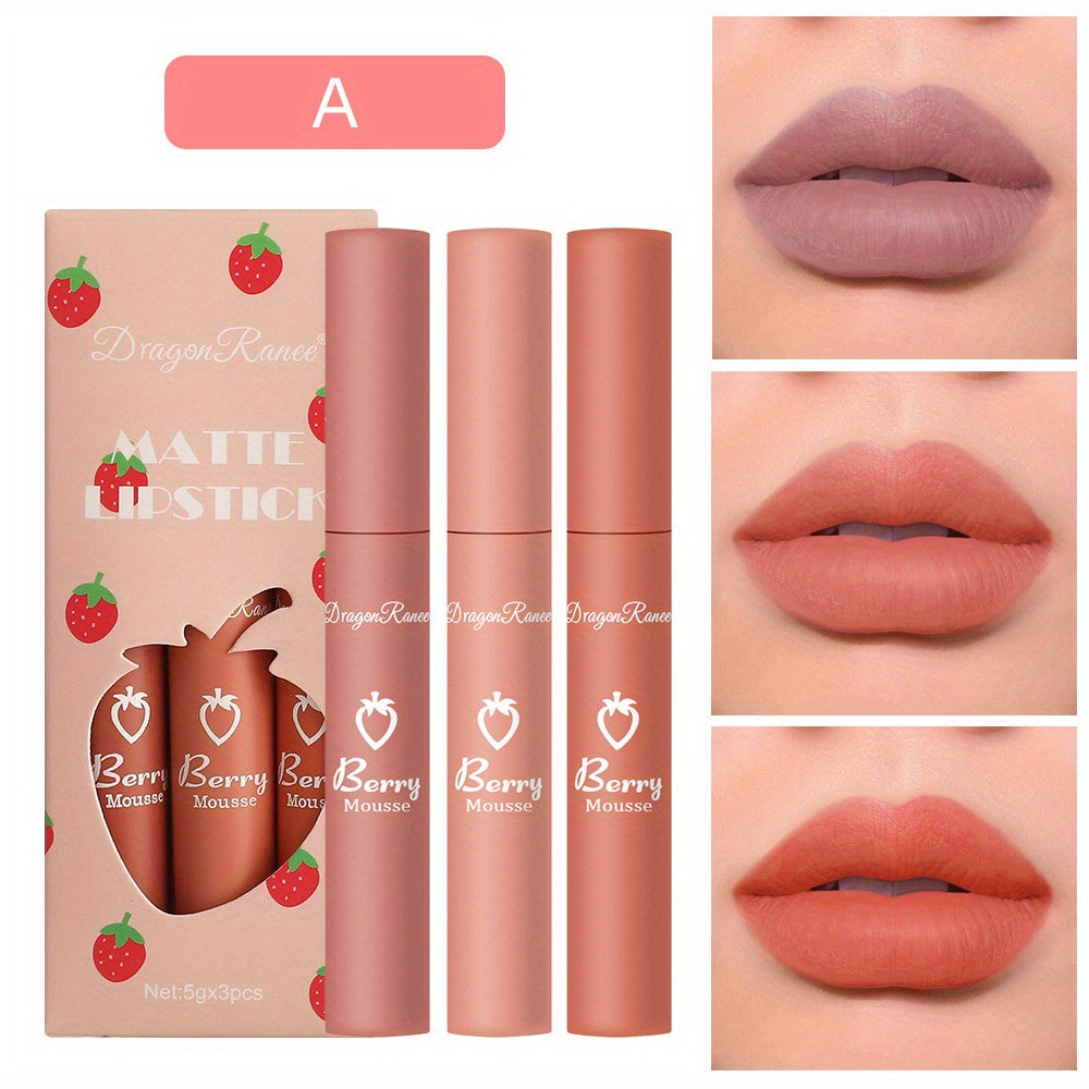 Set de 3 glosses de labios mate de terciopelo para mujer, colores fresa, no pegajoso