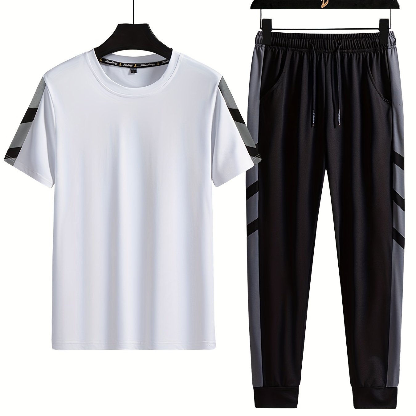 Men's Polyester Casual Leisure Suit with Solid Color Pattern and Crew Neck