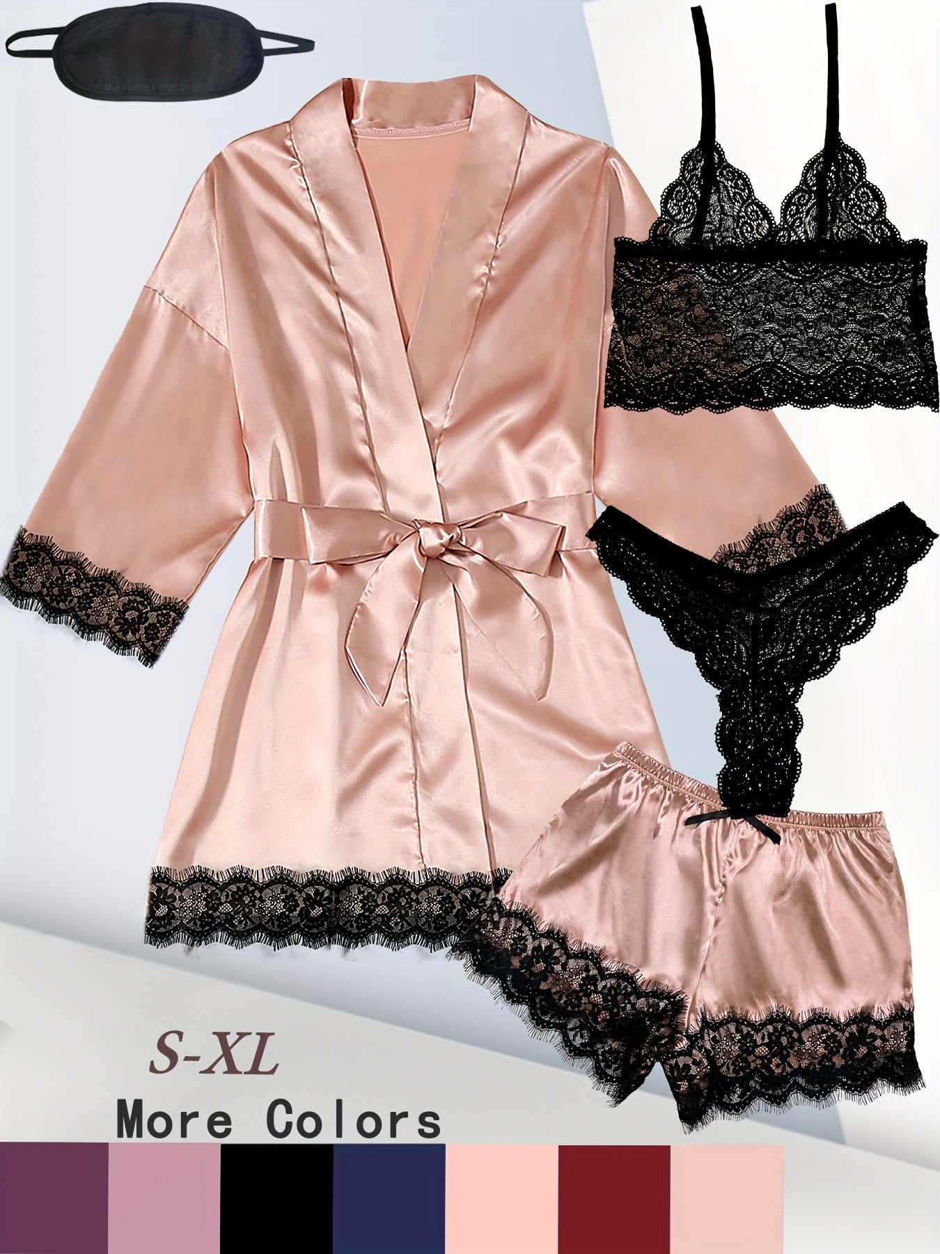Women's Satin Lounge Set with Lace Robe Cami Bra Thongs and Shorts