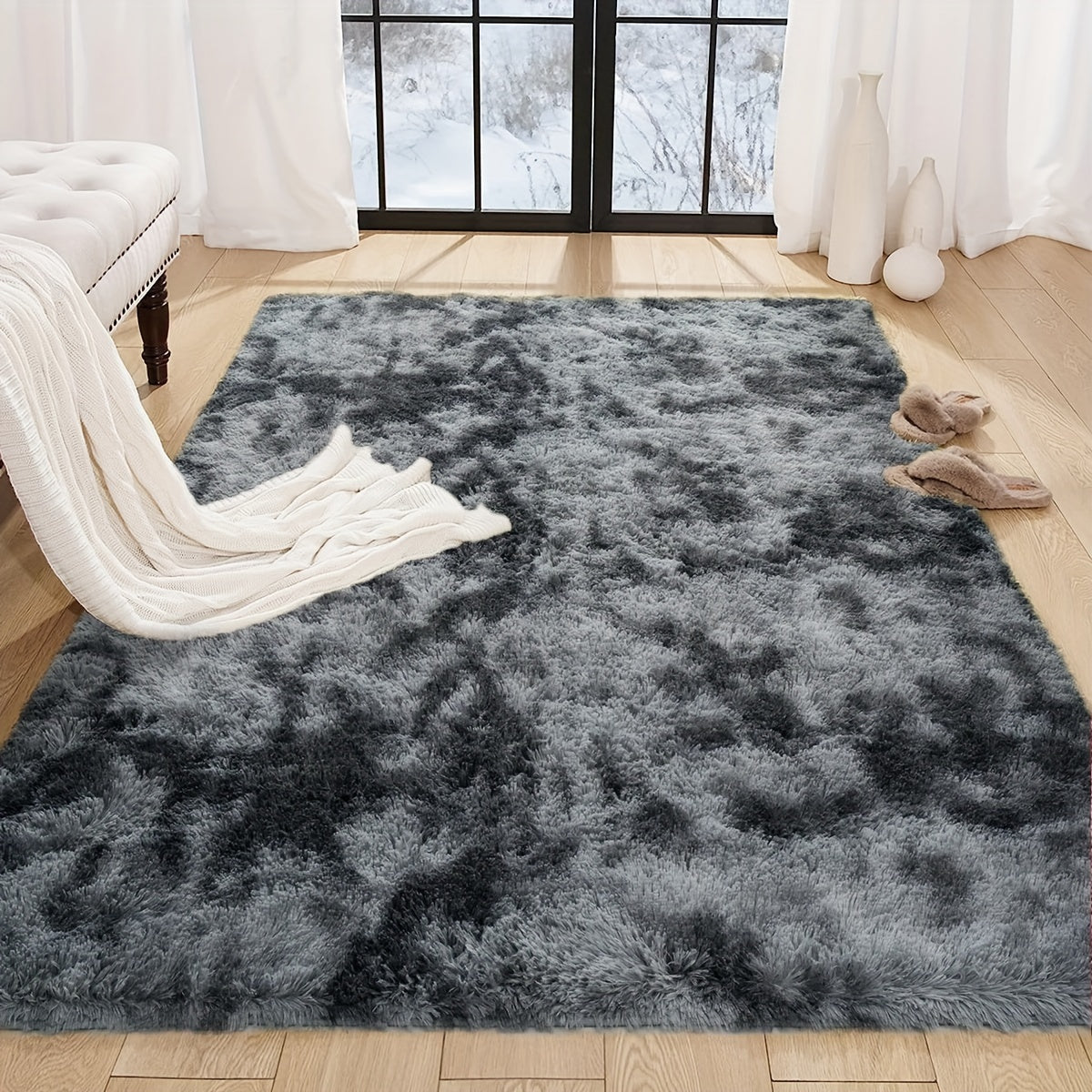 Dark Grey Tie-Dye Plush Area Mat Ultra-Soft Thick Sponge Padding for Living Room Bedroom