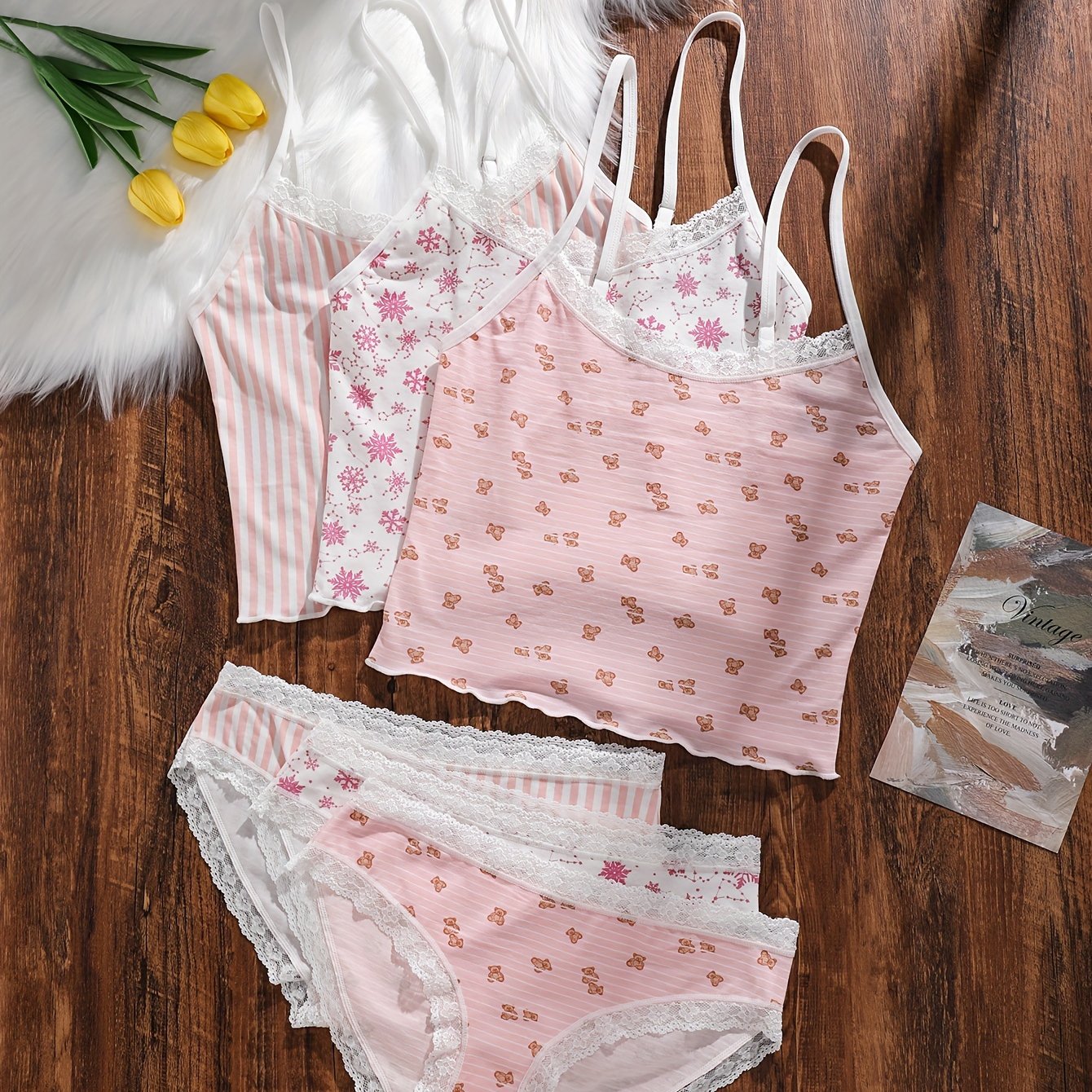 Women's 3-Piece Lingerie Set Lace Trim Cami Top and High-Waist Panties Nylon Blend Non-Transparent Breathable