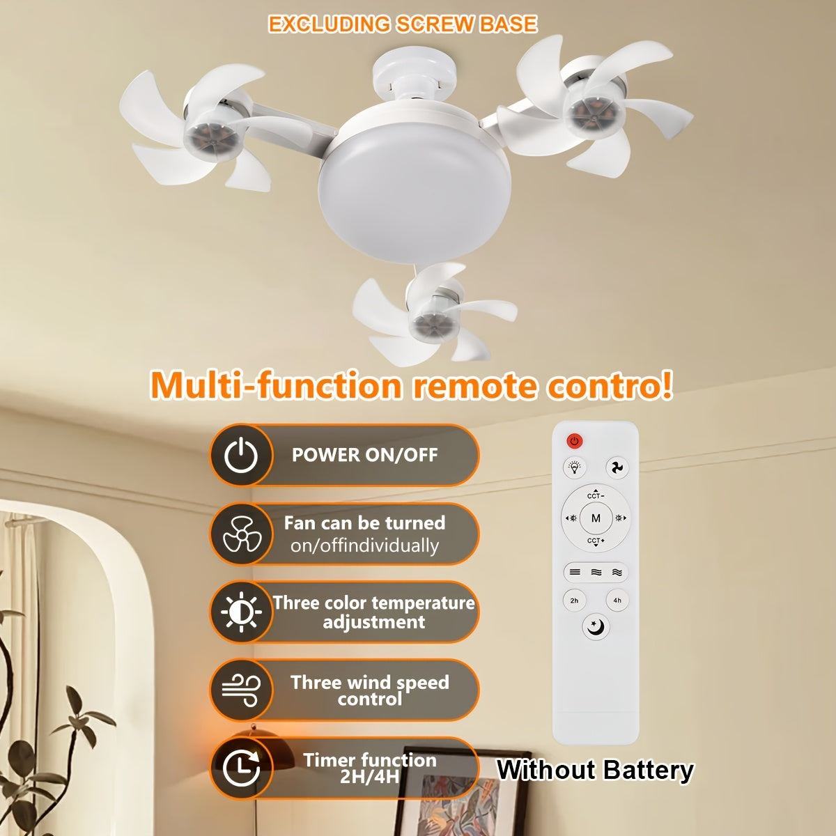 Compact ceiling fan with white 3-head design lamp remote control three speed settings simple installation