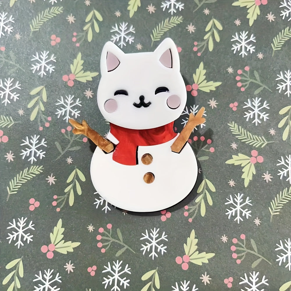 Irregularly Shaped Acrylic Snowman Cat Brooch Pin Whimsical Cartoon Lapel Accessory for Animal Lovers
