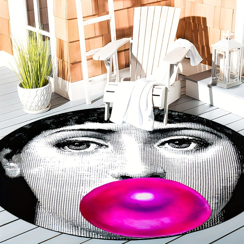 Round Non-Slip Rug with Woman Blowing Bubbles, Machine Washable, Indoor Outdoor Use