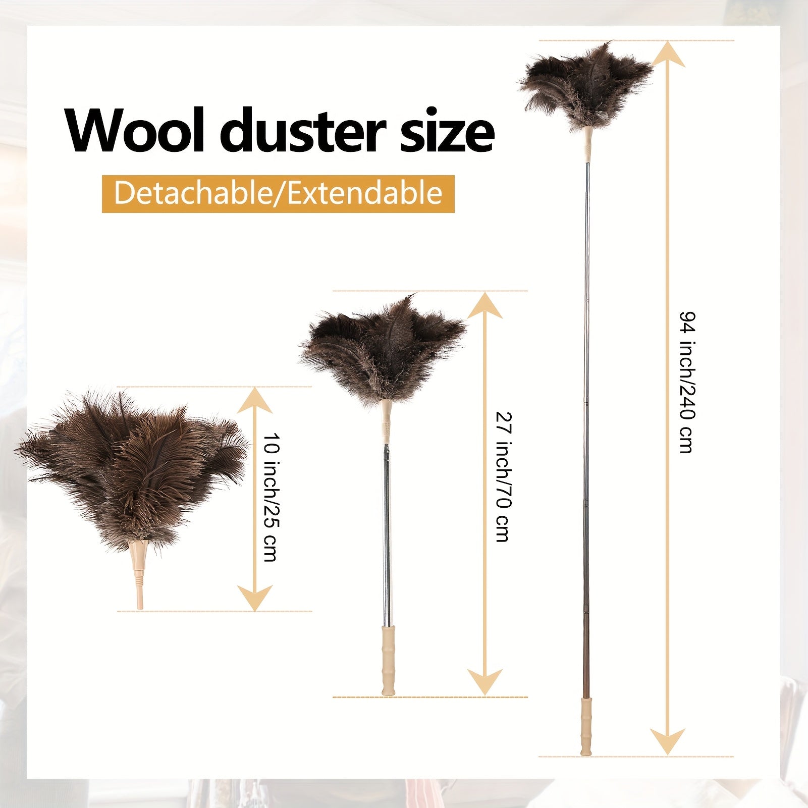 94-Inch Extendable Ostrich Feather Duster with Detachable Lint-Free Reusable Static Brush for Home and Car Cleaning