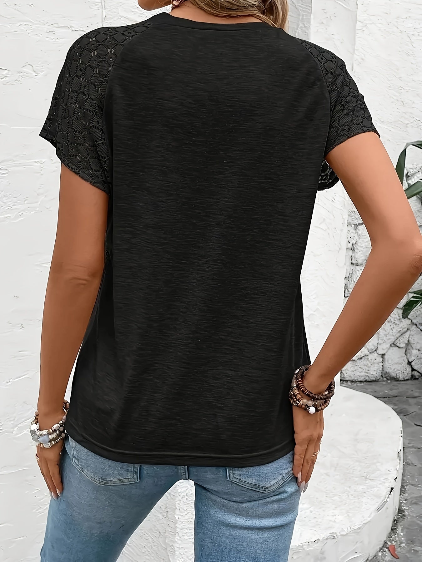 Women's Black Short Sleeve T-Shirt with Lace Detail Polyester Crew Neck Medium Stretch Spring Summer Fall