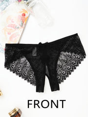 Women's Crotchless Lace Briefs with Butterfly Design and Bow Solid Color Lingerie