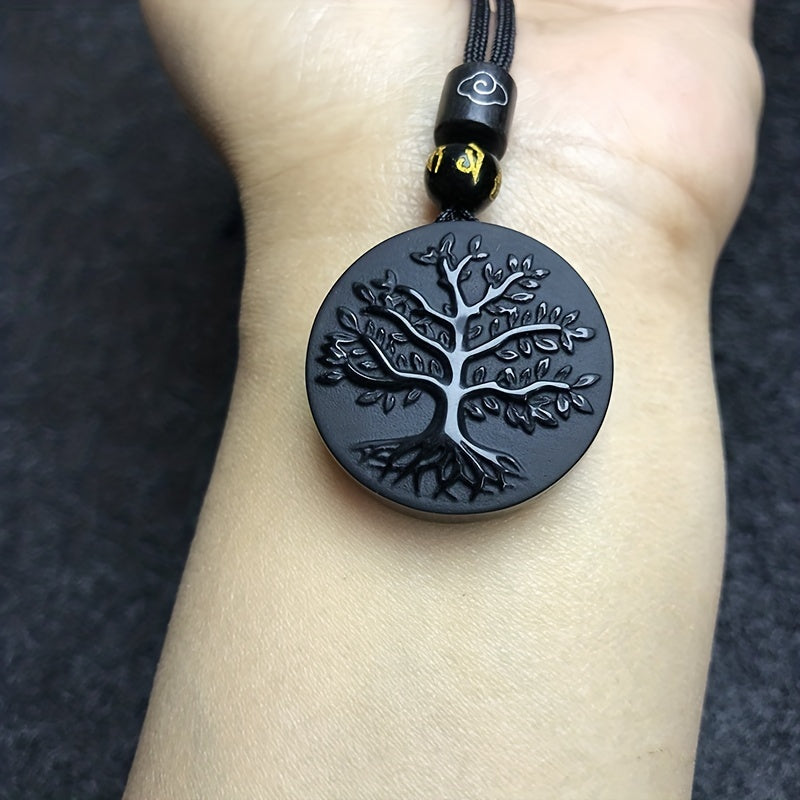 Men's Obsidian Life Tree Pendant Necklace Natural Black Stone Jewelry