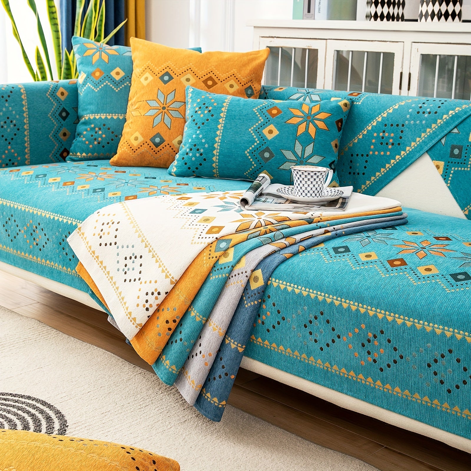 Bohemian Chenille Sofa Cover with Geometric Embroidery in Teal Orange Yellow Non-Slip Durable Fits All Sofa Sizes Machine Washable