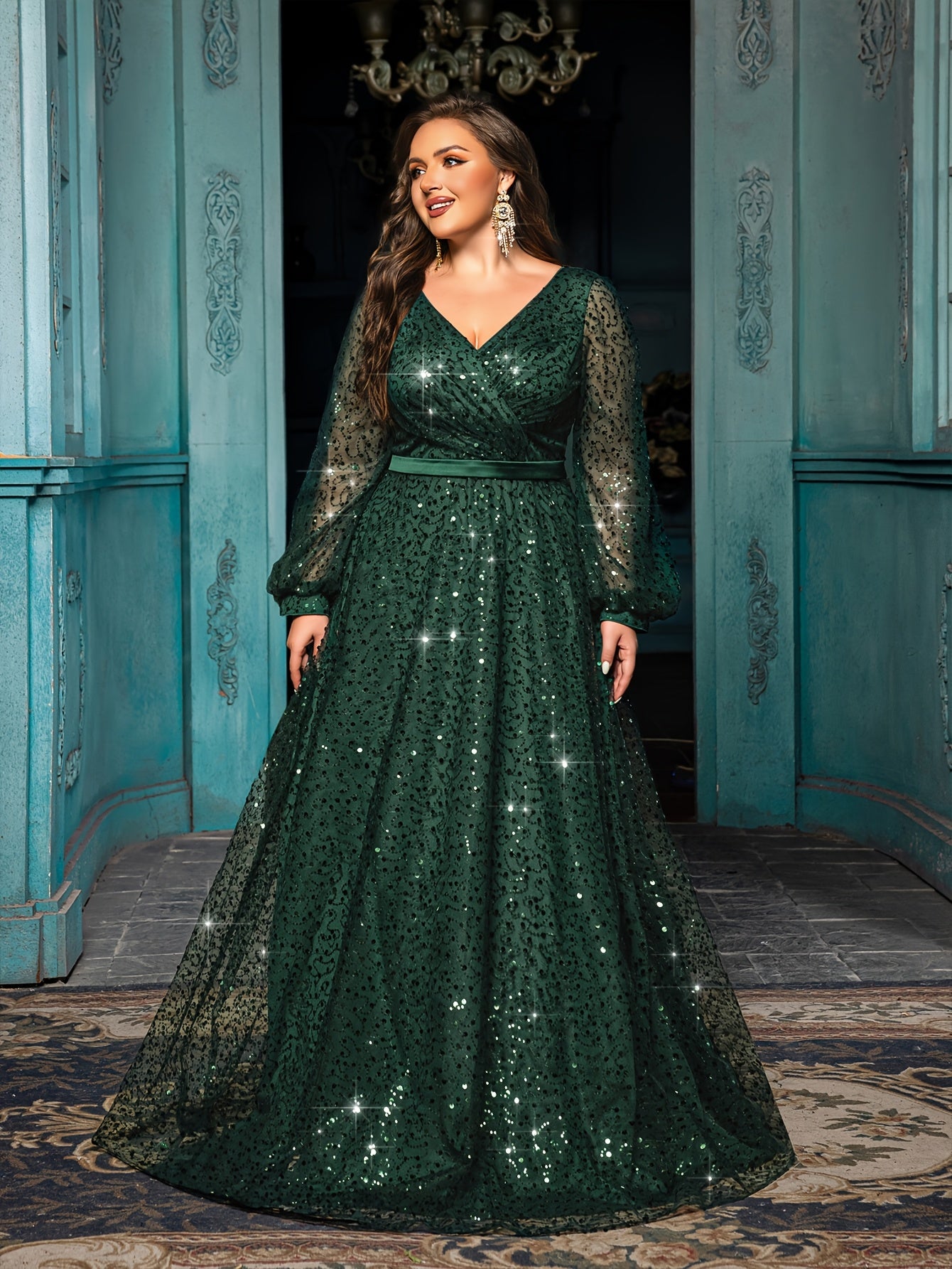 Women Emerald Green Sequin V-Neck Gown with Lantern Sleeves Formal Evening Dress
