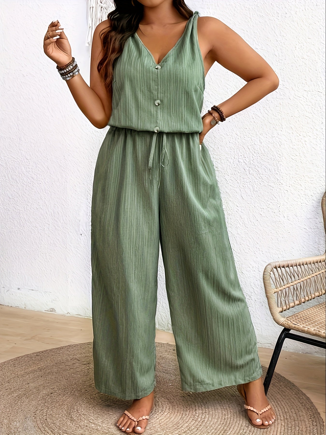 Women's Sleeveless Jumpsuit V-Neck Drawstring Waist Summer Casual