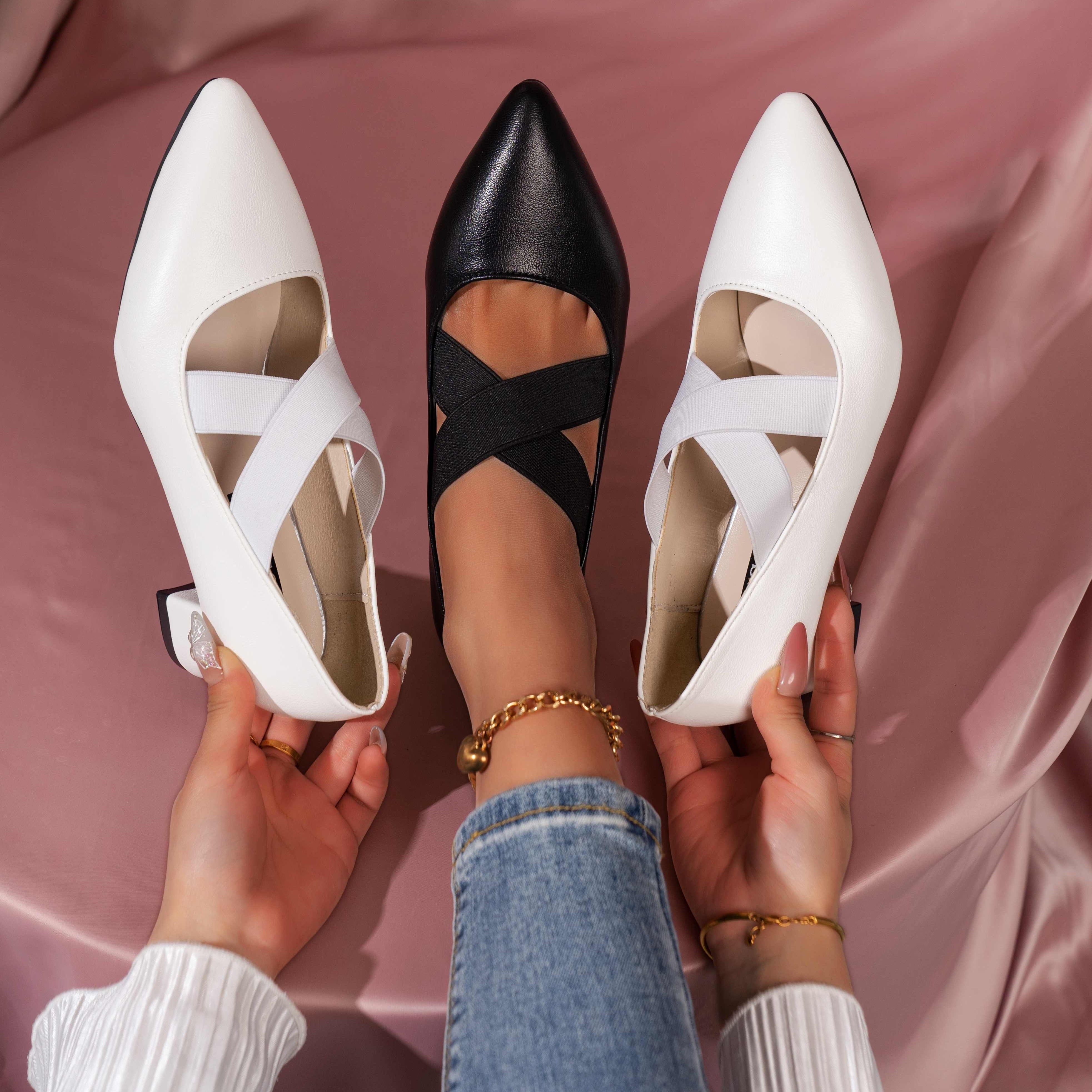 Women's Black Pointed Toe Pumps with Cross Straps and Chunky Heel