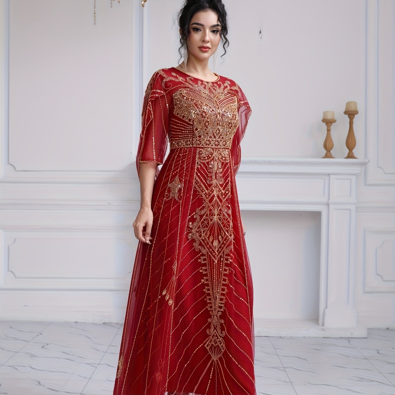 Women's Sequin Beaded Embroidery Evening Dress Fitted Bodice Wedding Gown