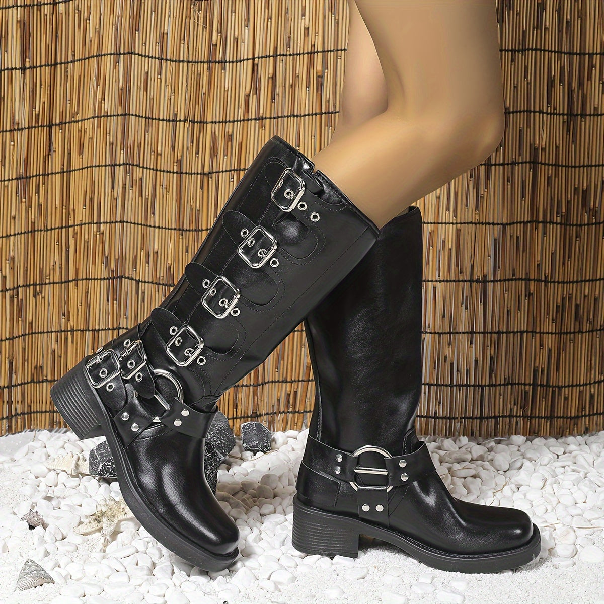 Women's Faux Leather Mid-Calf Boots with French Heel and Pull-On Design