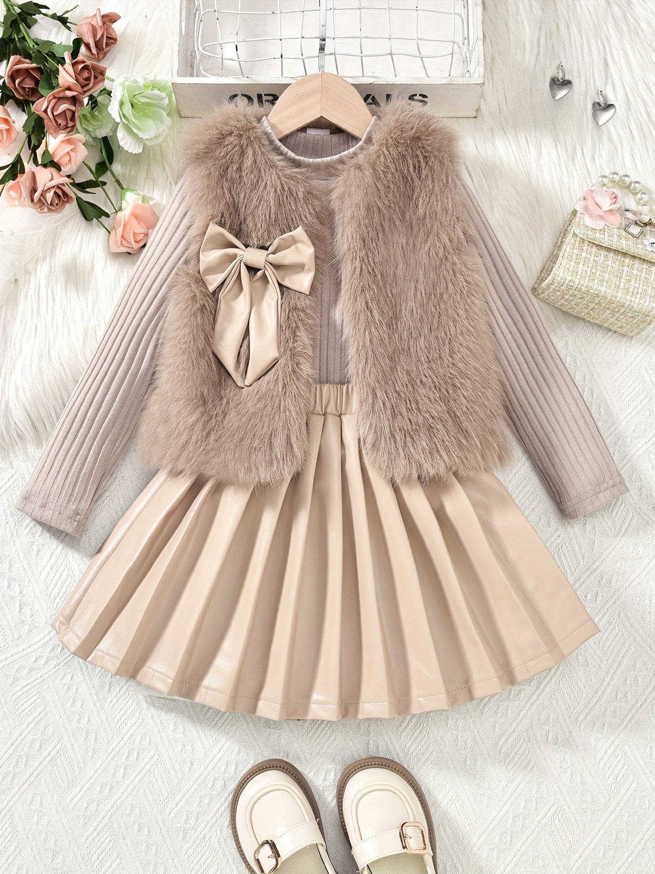 Girls' Knit Set with Mock Neck Top, Pleated Skirt, Furry Bow Vest for Fall Winter