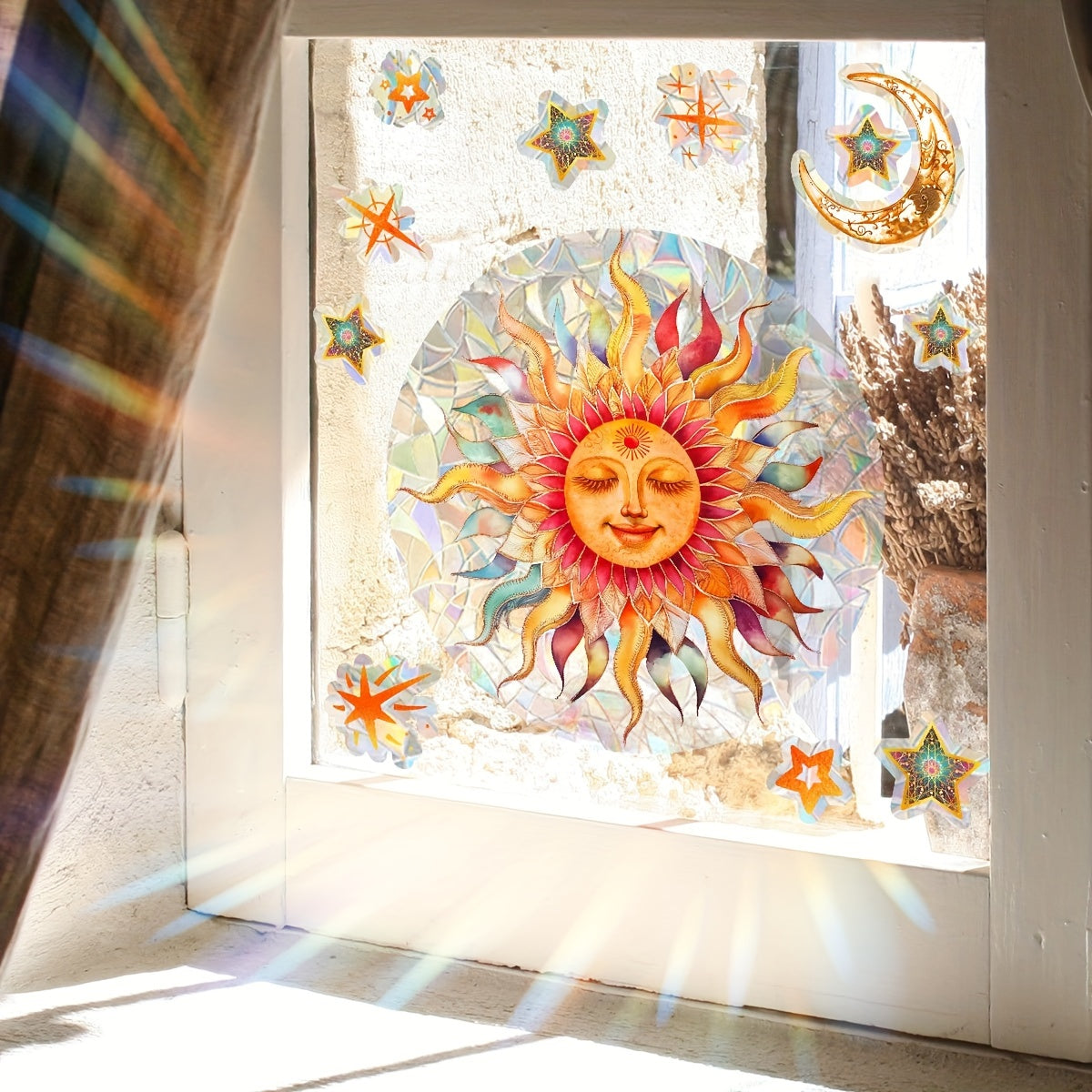 Double-Sided Sun Star Window Sticker, Colorful Static Glass Decal, 20cm