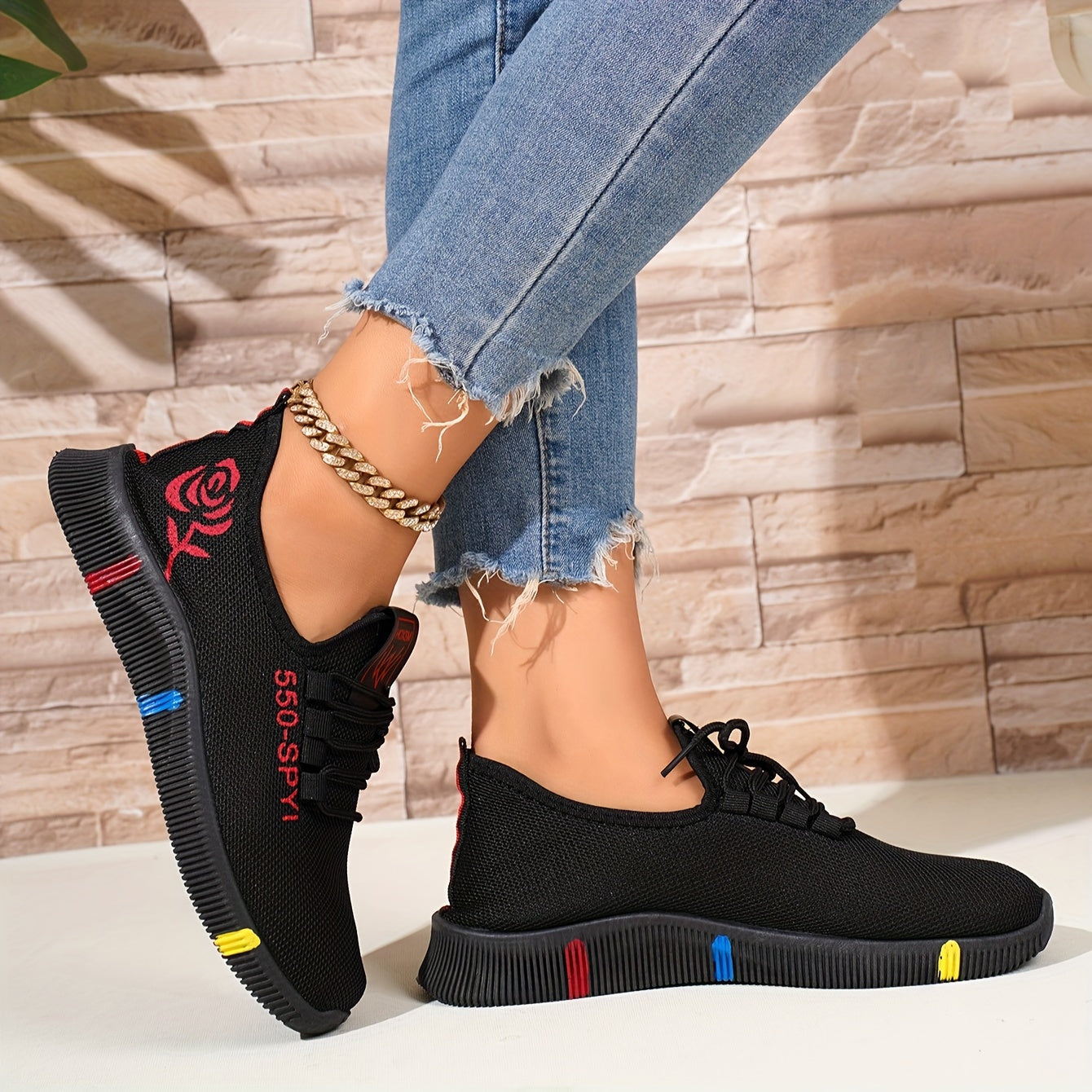 Women's Breathable Knit Sneakers Casual Lace-Up Outdoor Low Top Sport Shoes