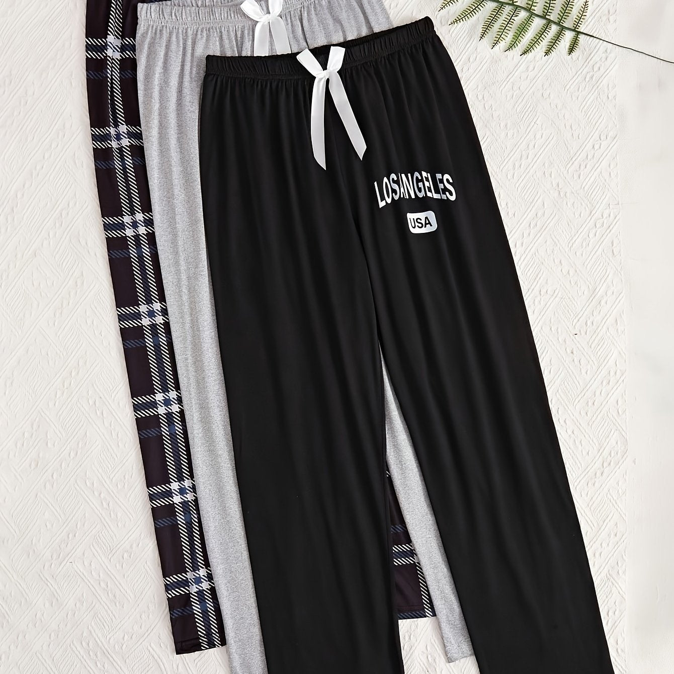 Women's Lounge Pants Set 3 Pieces Cropped Loose Fit Elastic Waist Solid Plaid Letter Print