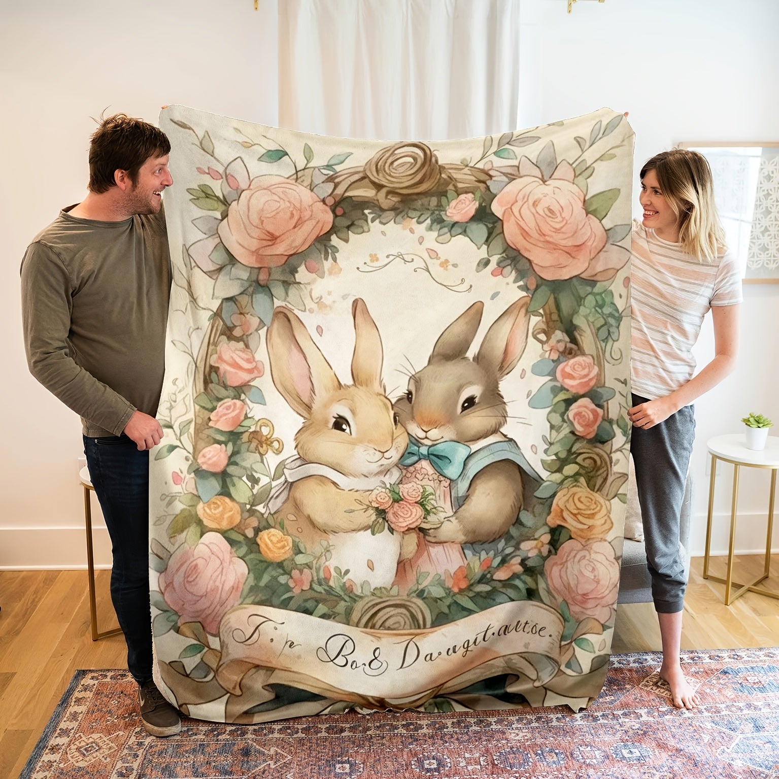 Coral Fleece Throw Blanket for Sofa and Bed Hypoallergenic All-Season with Bunny and Flower Print