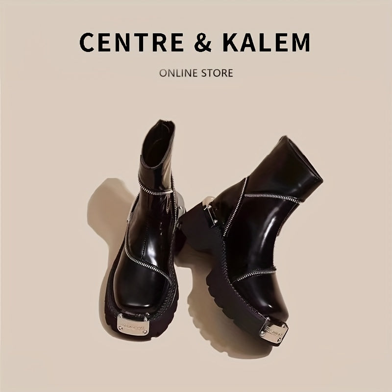 Women's Chunky Microfiber Ankle Boots with Zipper and Rubber Sole