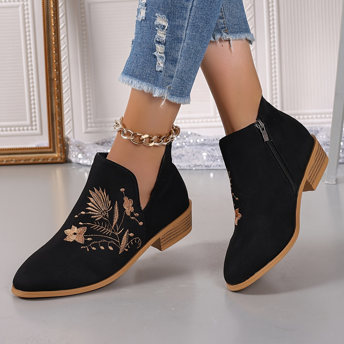 Women Embroidered Fabric Ankle Booties Round Toe Zip Mid-Heel French Heels