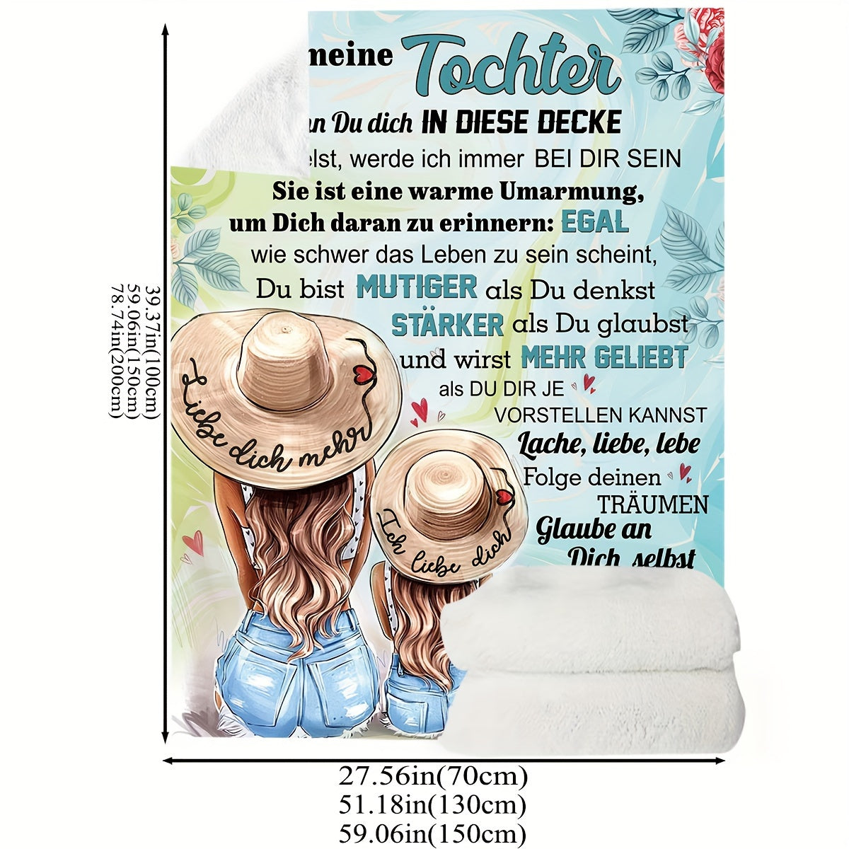 German Letter Blanket - 1PC Mother-Daughter Love Flannel Blanket, Featuring Digital Print, Cozy Warm Fleece Hug Throw Blanket, Sentimental Gift for Home Decor