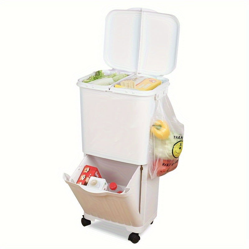 Просторная мусорная корзина с двумя отделениями и крышкой - устойчива к запахам, легко переносимая для сортировки отходов на кухне и в доме, переработки, разделения сухих и влажных отходов и хранения.