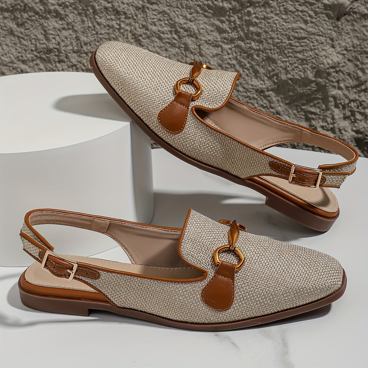 Women's Brown Linen Square Toe Summer Sandals with Metal Buckle