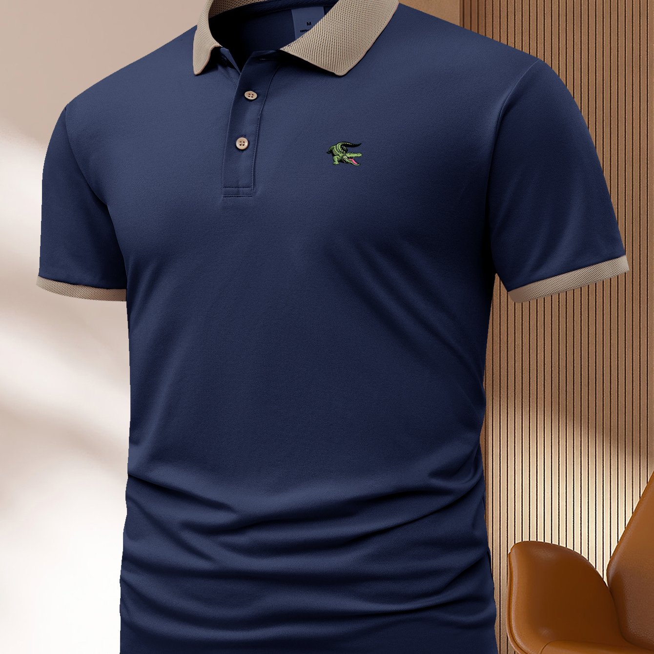 Camisa polo de punto para hombre de poliéster, verano, casual, patrón geométrico en azul marino, verde claro, caqui