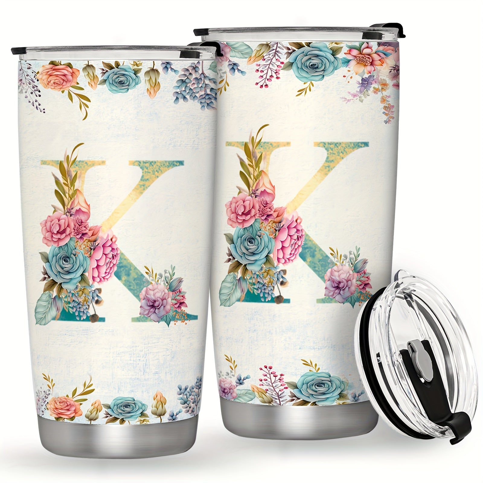 20oz Stainless Steel Tumbler with Monogram Floral Design Leak Proof Lid for Outdoor Use