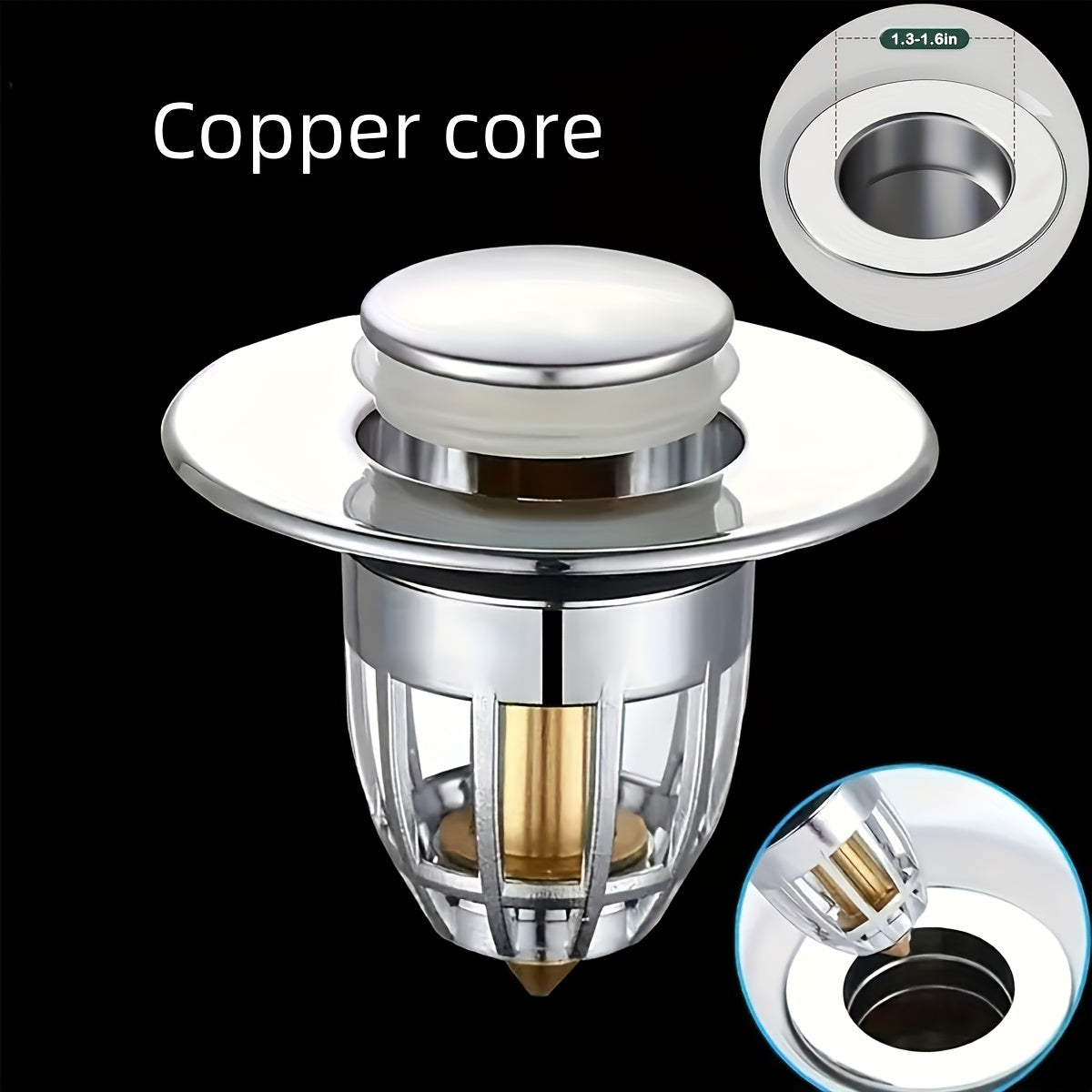 Pop-Up cho'kmasi, anti-hid xususiyati, soch tutgich va yuvish idishi va hammom uchun mustahkam plastik yadro bilan.