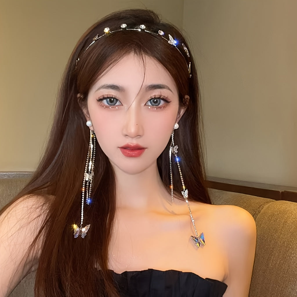 Women Tassel Butterfly Hairband with Rhinestone Bow and Faux Earrings