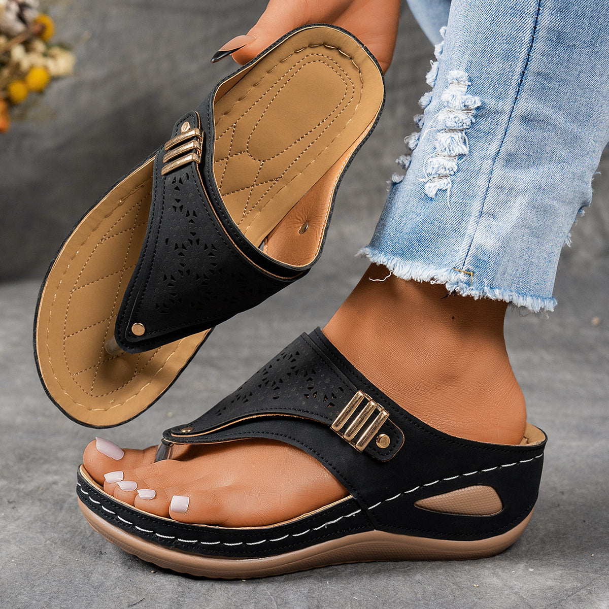 Women's Platform Wedge Sandals Slip-On Thong Cut-Out Beach Casual