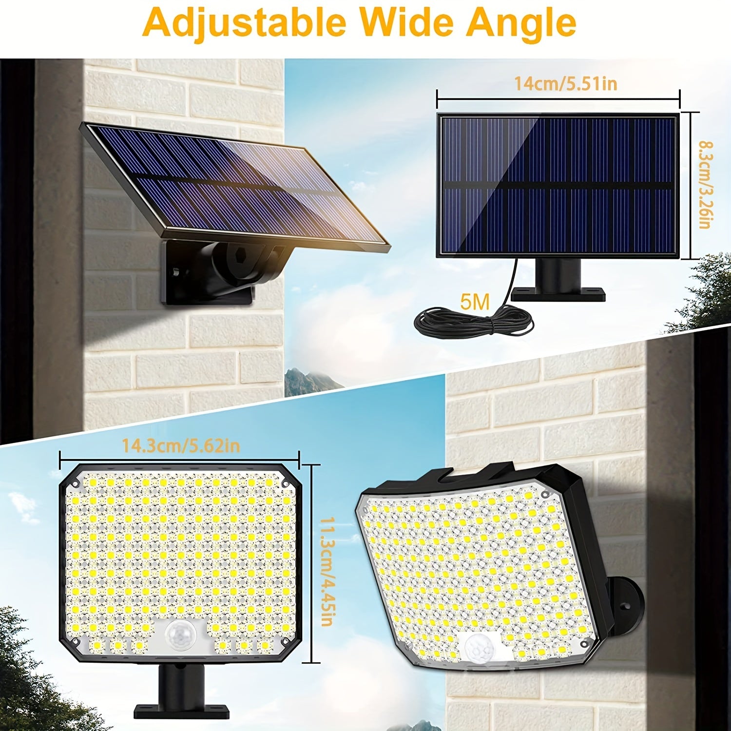 118 LED Solar Motion Sensor Flood Light with Remote Control 5.03m Cable Outdoor Security