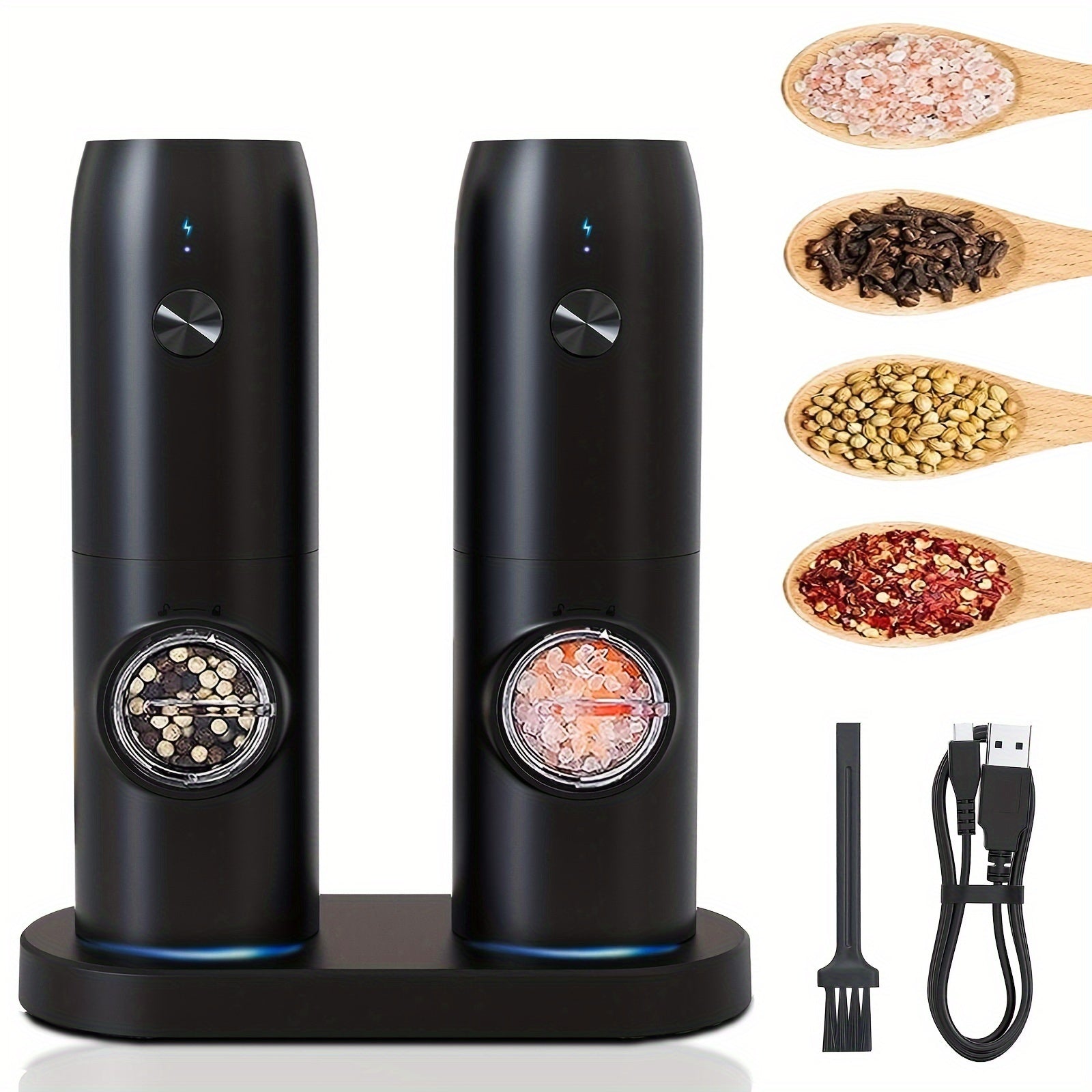 Set of 2 Rechargeable Electric Pepper and Salt Grinders with LED Light and Adjustable Coarseness