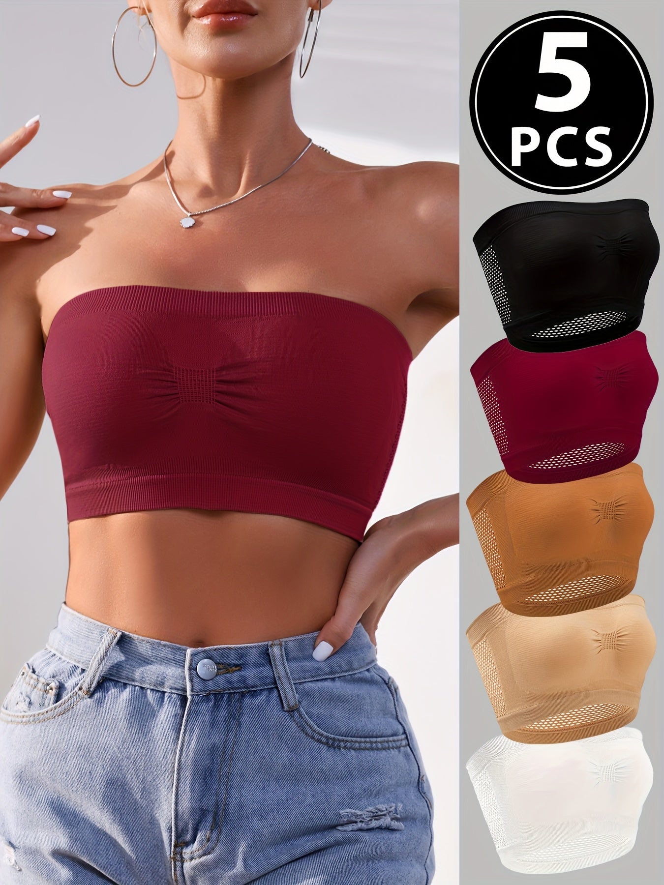 Women's Solid Color Tube Top 5-Pack Mesh Seamless High Elasticity
